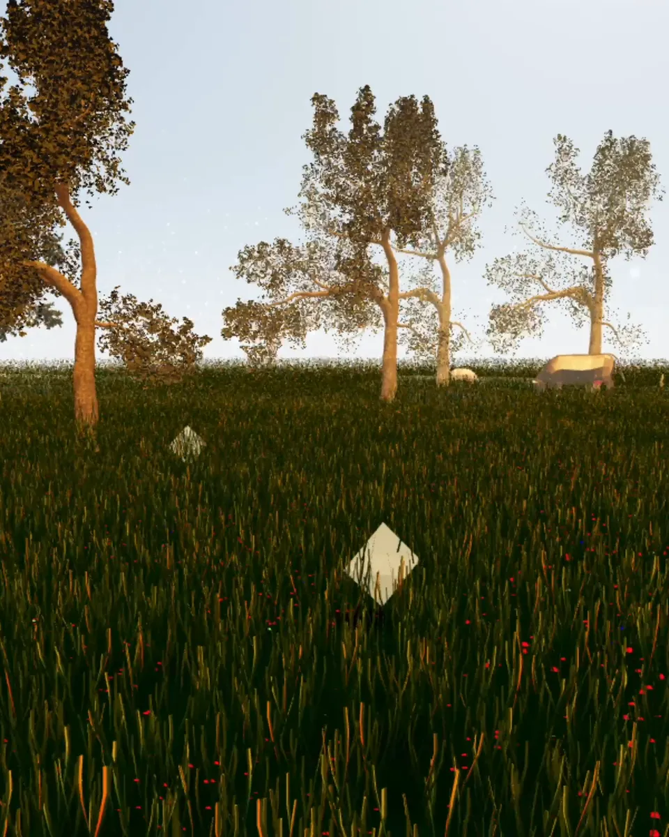 A sunlit field and sculptural markers inside an Isle Lab world