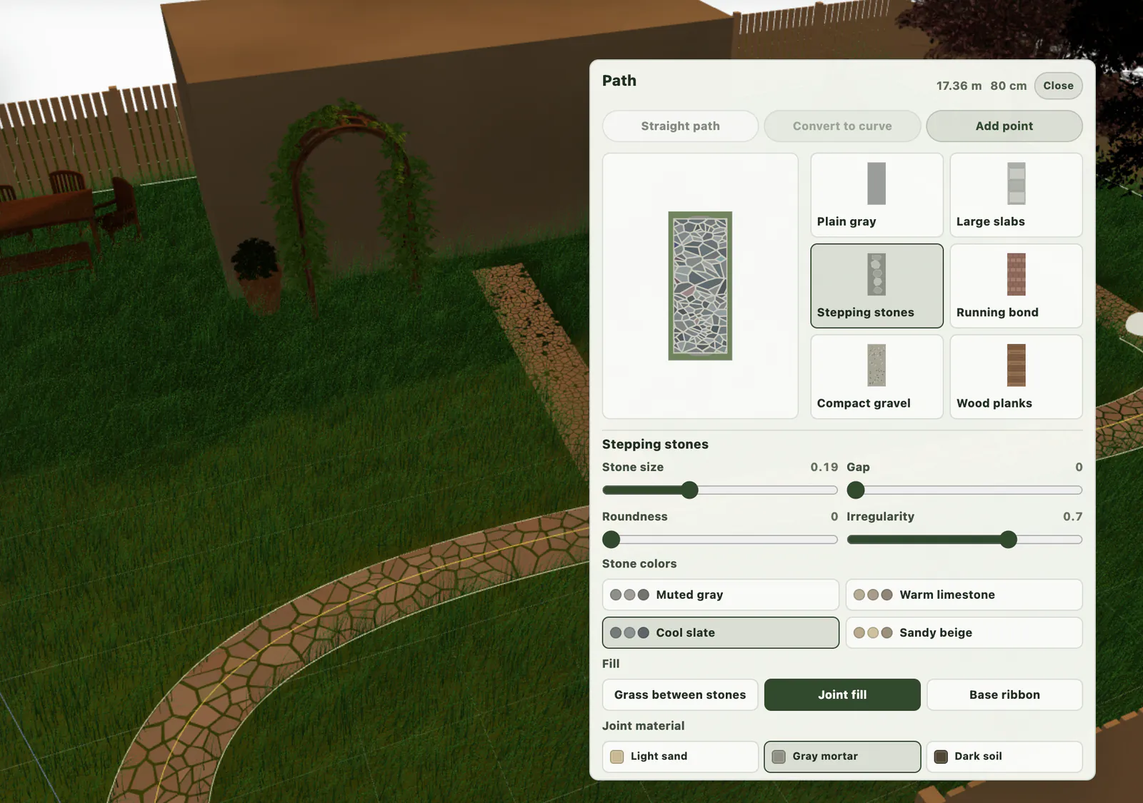 Garden Planner path editor over a 3D garden with material and geometry controls