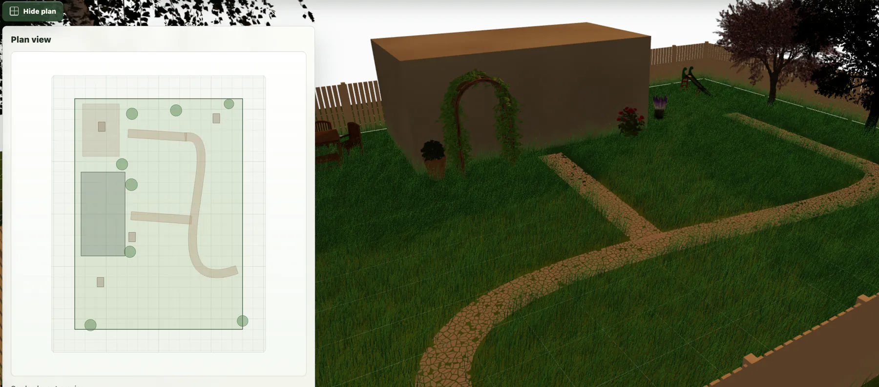 Garden Planner showing a 2D plan beside the matching 3D garden