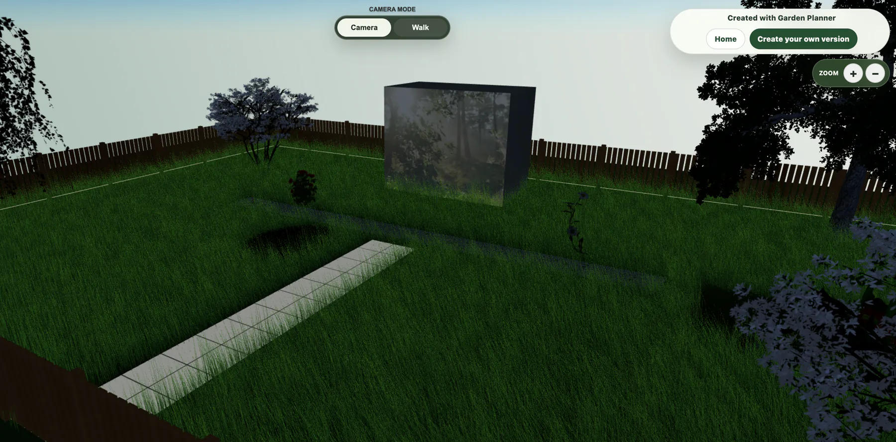 A published Garden Planner garden with camera controls and an edit-copy action