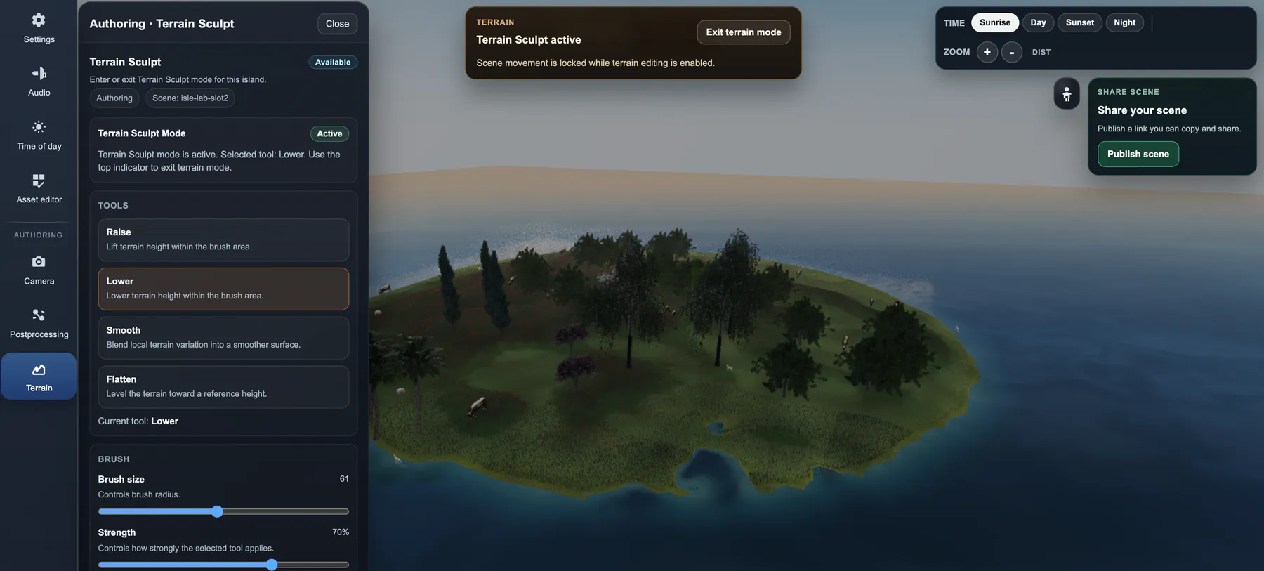 Isle Lab terrain sculpting controls beside an editable island world