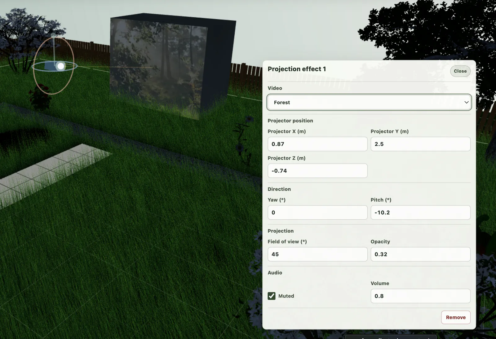 Garden Planner controls for video, projector pose, field of view, opacity and audio