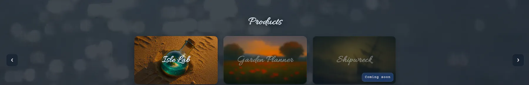 A product launcher showing Isle Lab, Garden Planner and a future Shipwreck entry