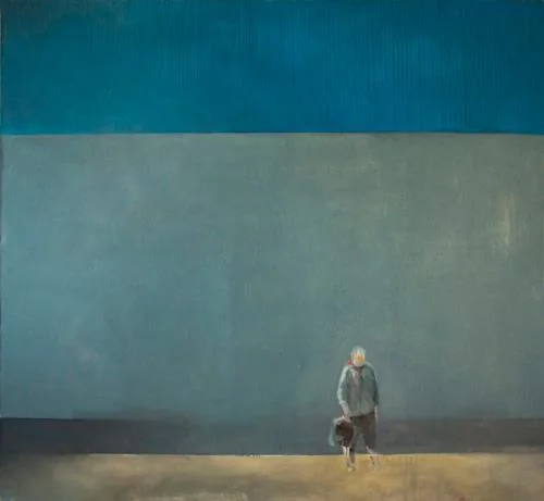 A blue and grey painting with a small standing figure and a dark animal near the lower edge