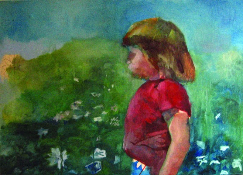 A painted side profile of a red-shirted figure against a green landscape