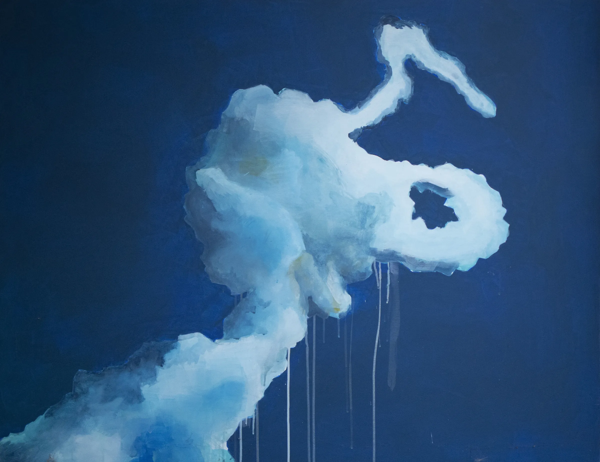 An abstract blue painting with a large pale organic form and vertical paint drips