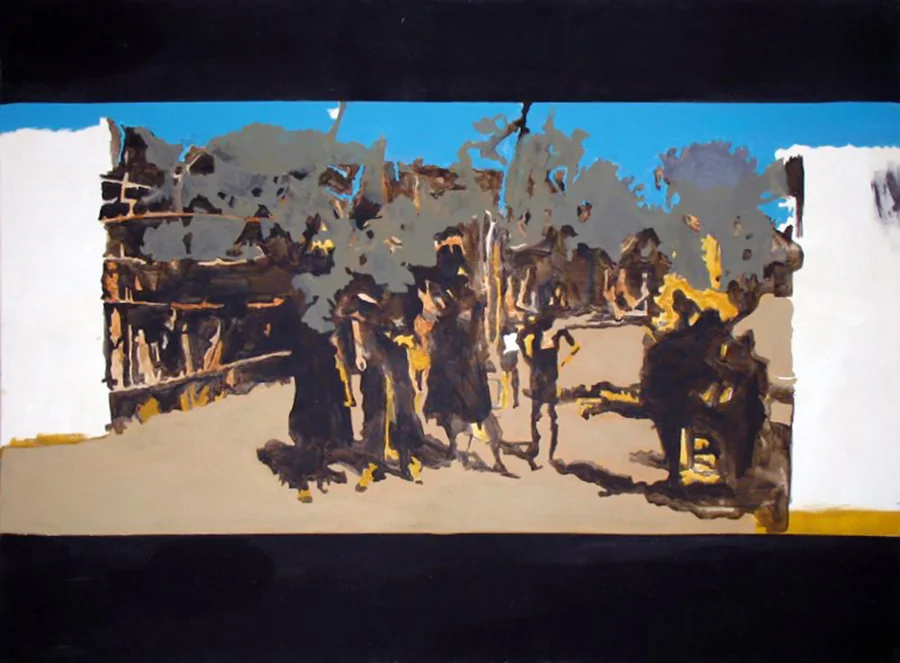 A loosely painted group of figures and structures framed by pale side fields, turquoise blue and broad black bands