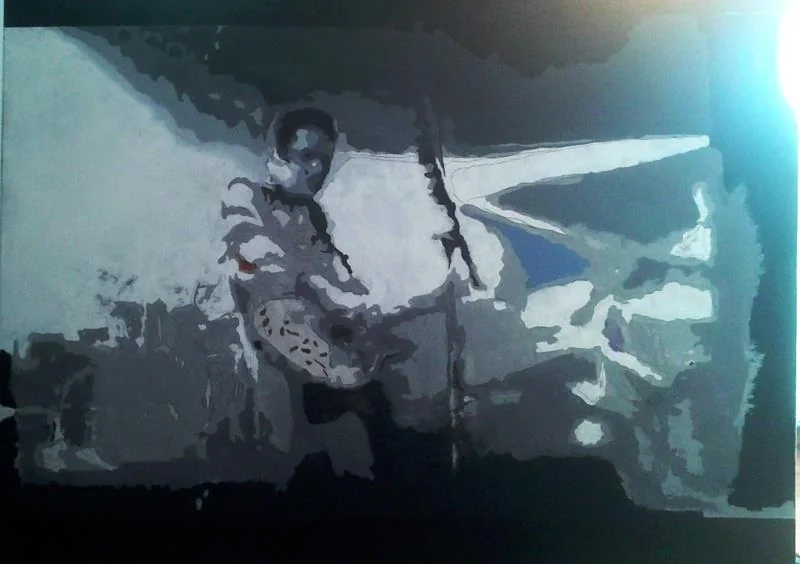 A blue-grey figurative painting of a seated musician holding a guitar-like instrument against broad pale forms