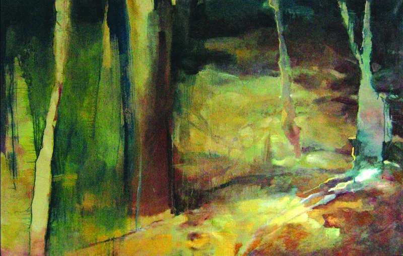 An expressive green and ochre forest landscape with dark vertical tree trunks and a luminous clearing