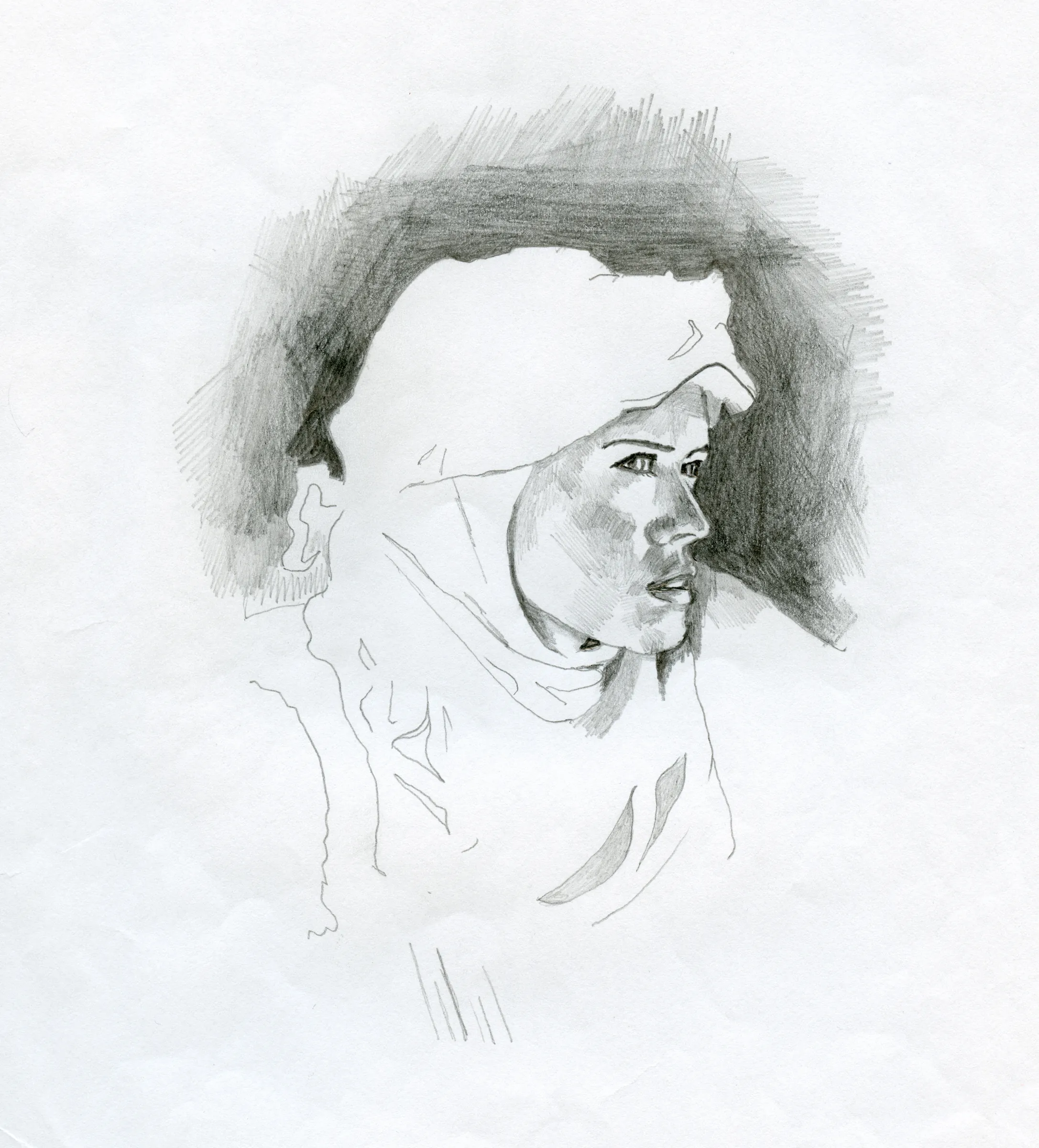 A graphite drawing of an overlapping profile and a three-quarter-view face within dark shaded arcs