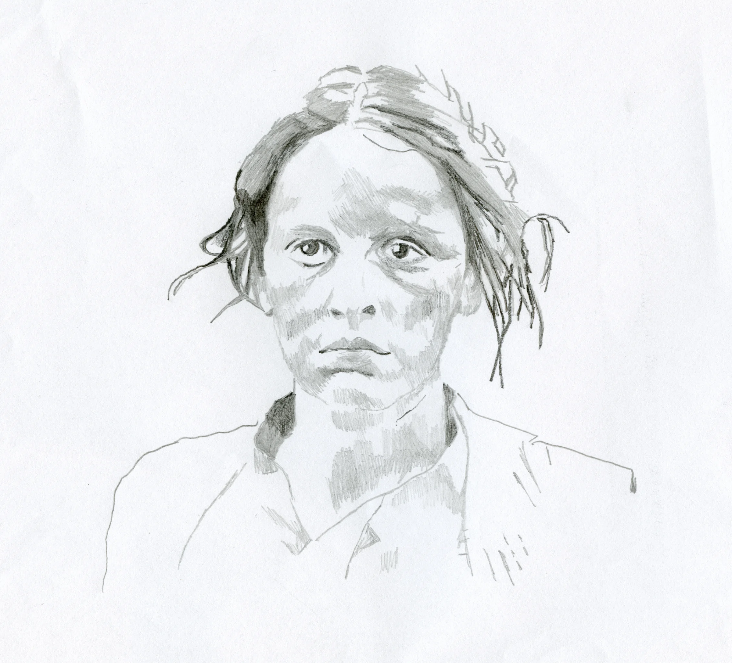 A graphite frontal portrait of a person with hair tied back, surrounded by open white paper