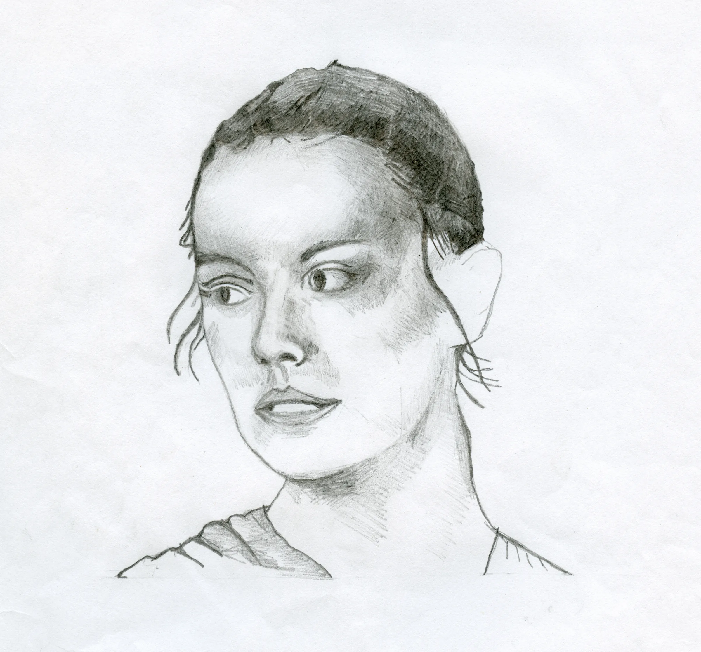 A graphite portrait of a short-haired person looking sideways against pale paper