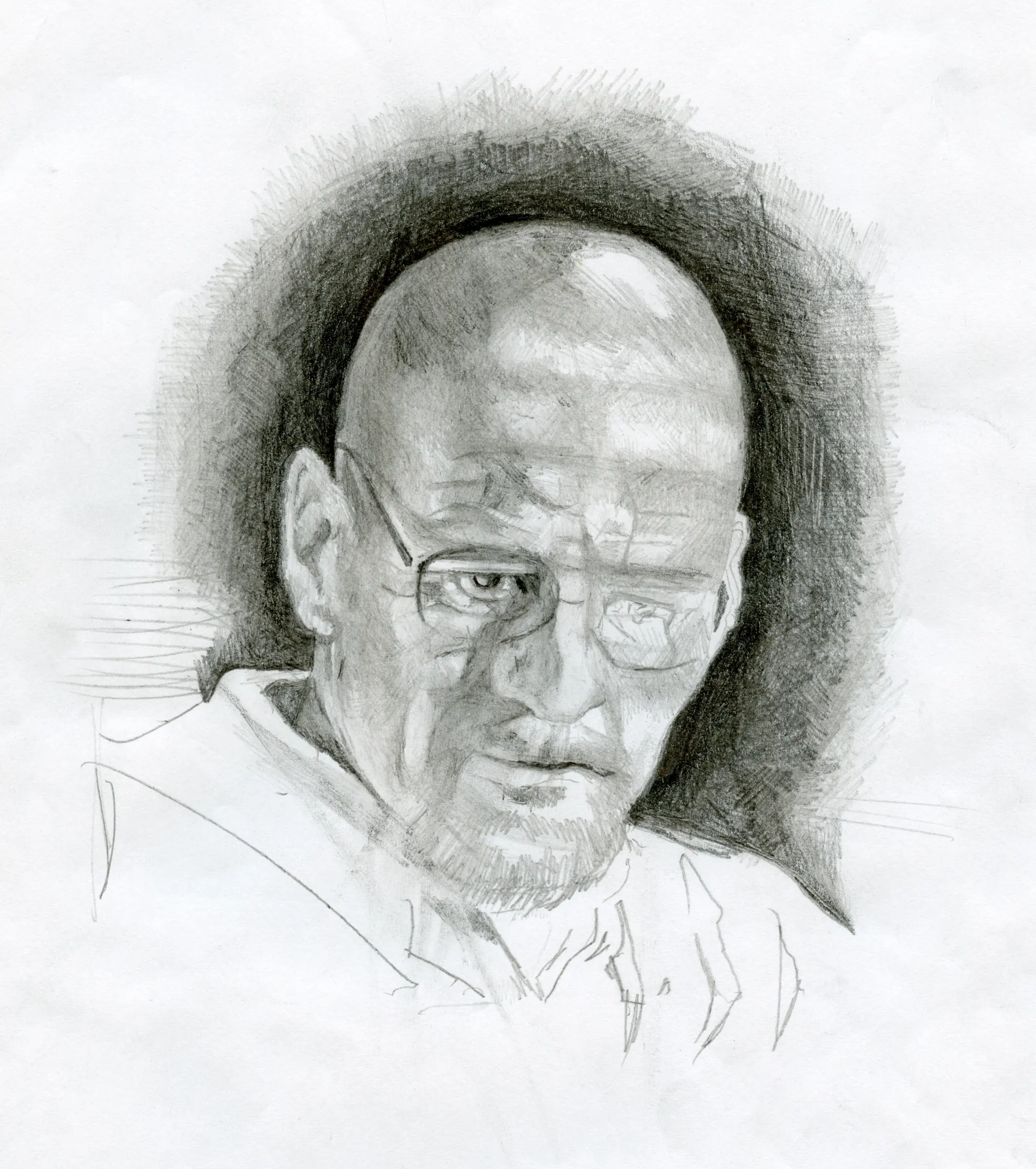 A graphite three-quarter portrait of an older person wearing rectangular glasses against a dark shaded oval